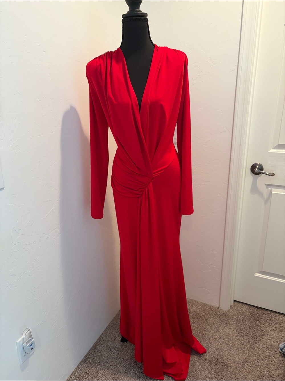 Elegant Red Long Sleeve Draped Evening Gown